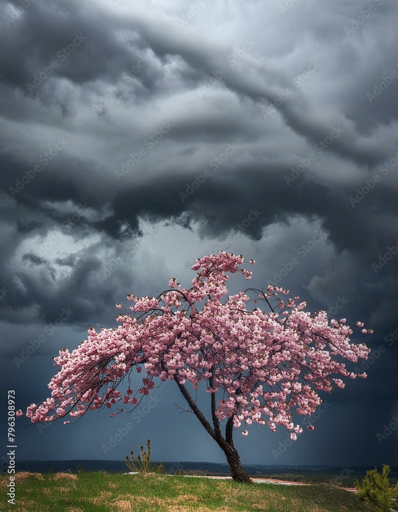 A dramatic scene featuring a robust sakura branch swaying in the wind against a backdrop of dark, stormy clouds - obrazy, fototapety, plakaty 