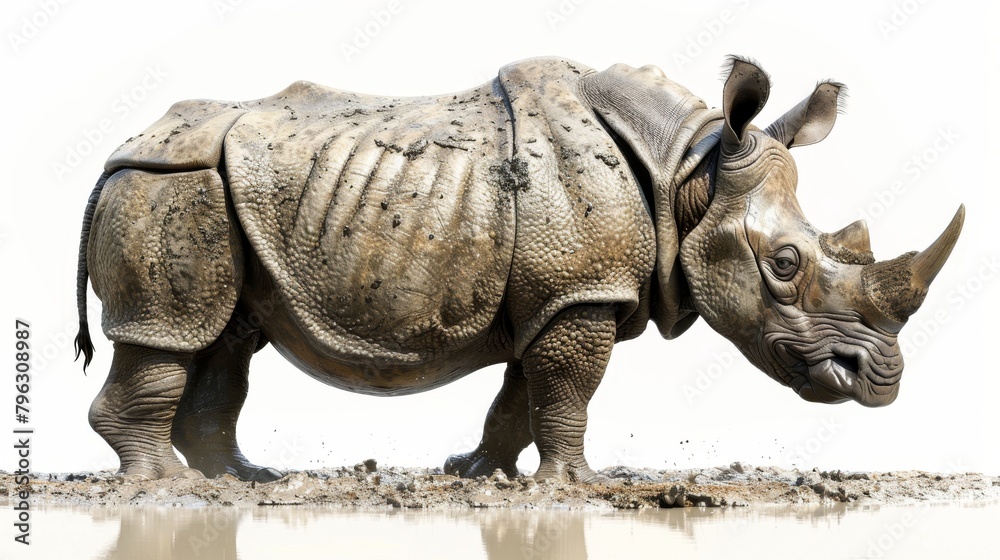 Fototapeta premium A rhino is walking through a muddy field