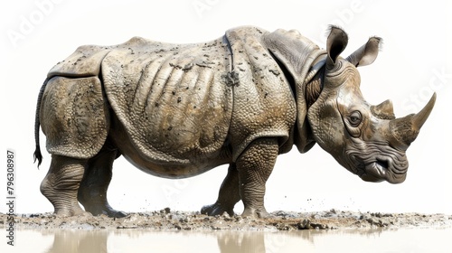 A rhino is walking through a muddy field