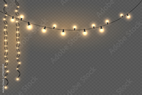  Glowing golden Christmas lights and New Year's garlands. Lights on a transparent background.