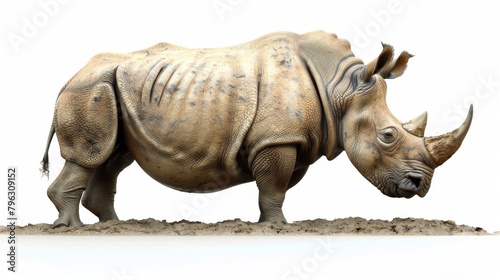 A rhino is walking on a sandy beach