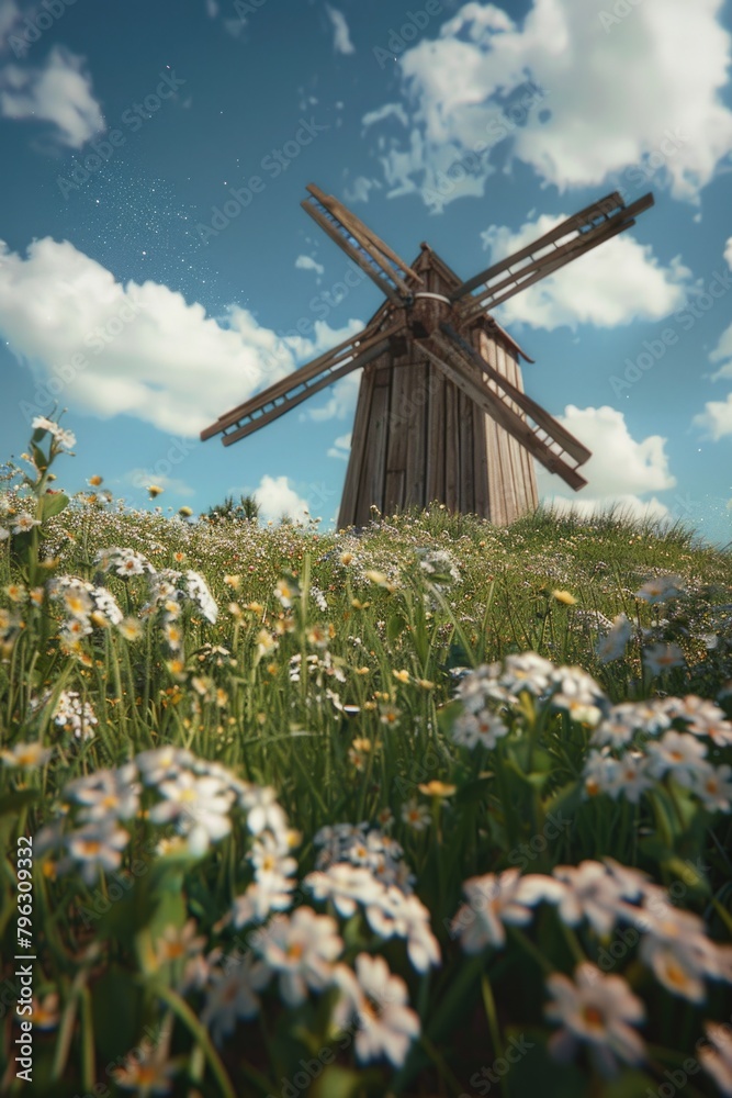 A picturesque windmill standing in a field of colorful flowers. Ideal for nature and agriculture concepts