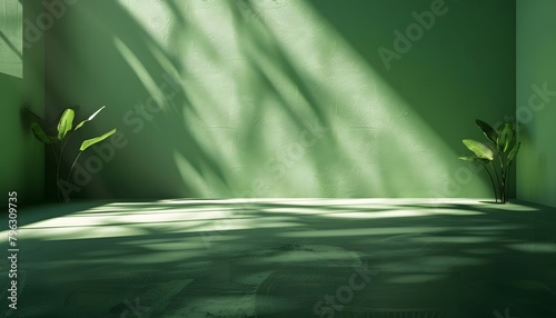 3D render of an empty room with green wall floor, light casting a shadow on the ground, product background
