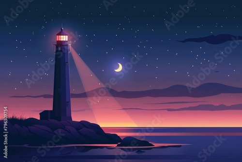 A scenic view of a lighthouse on a rocky shore at night. Suitable for travel and nature themes