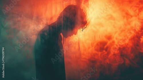 A blurred silhouette of a person with their head hanging low, conveying the emotional toll of addiction.