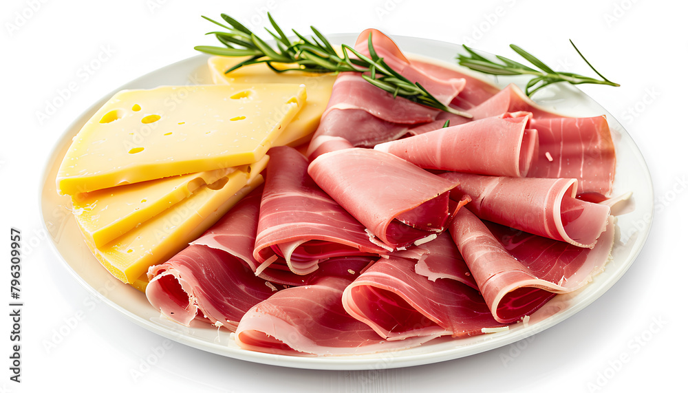 Plate with tasty slices of ham, rosemary and cheese isolated on white background - obrazy, fototapety, plakaty 