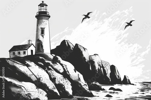 Black and white drawing of a lighthouse on a rock. Suitable for nautical themes