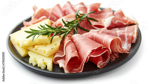 Plate with tasty slices of ham, rosemary and cheese isolated on white background