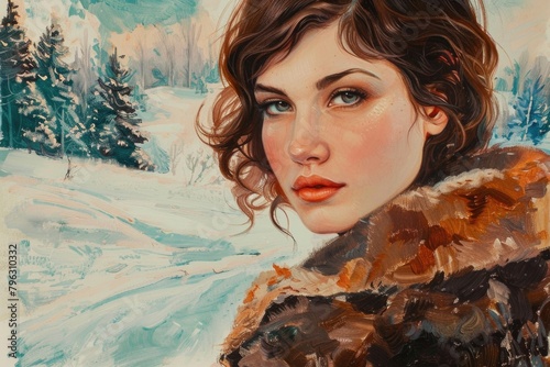 A realistic painting of a woman wearing a luxurious fur coat. Ideal for fashion or winter themed projects