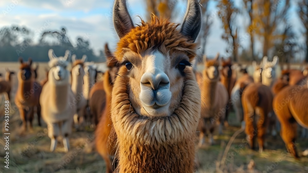 Close-up of a Group of Llamas or Alpacas. Concept Animal Photography, Wildlife Portraits, Llama Portraits, Alpaca Photography, Group Shot