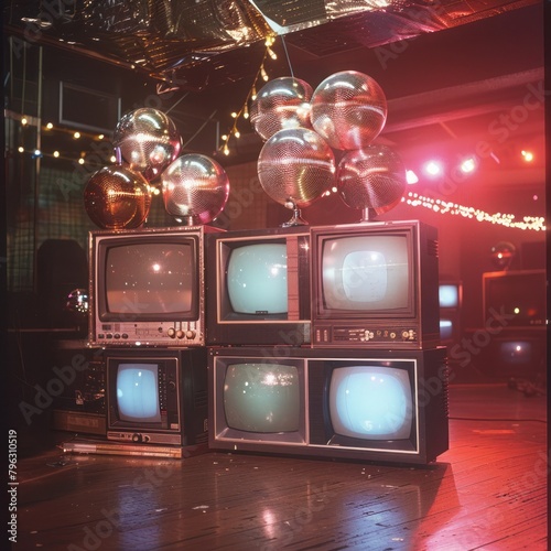 a stack of vintage 1980s CRT TVs and disco balls on the dance floor at Studio 54, film photography, kodachrome 