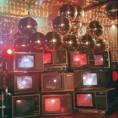 a stack of vintage 1980s CRT TVs and disco balls on the dance floor at Studio 54, film photography, kodachrome 