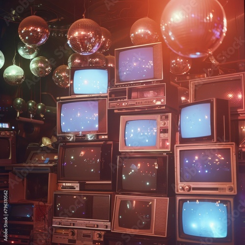 a stack of vintage 1980s CRT TVs and disco balls on the dance floor at Studio 54, film photography, kodachrome 