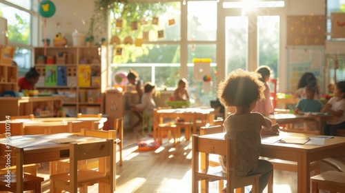 a photo of a multiracial Montessori classroom, depicting a realistic representation of children engaged in various educational activities within the inclusive and diverse learning environment.