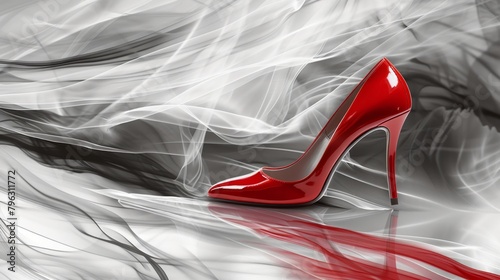 Striking red stilettos caught mid-motion in a dynamic pose on a bicolor backdrop photo
