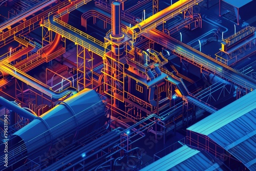 A factory with a complex network of pipes. Ideal for industrial concepts