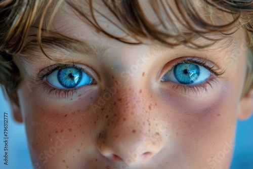 Close up of a child with striking blue eyes, suitable for various projects