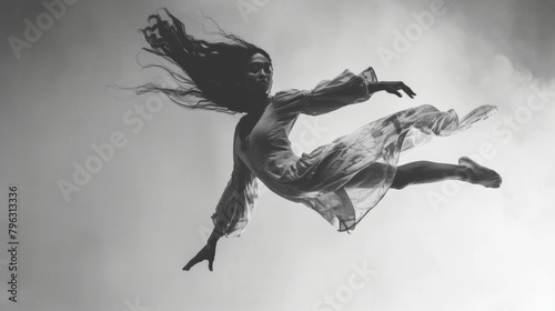 In the midst of a contemporary dance piece a soloist throws herself into the air her body twisting and turning before gracefully landing on one leg. The intensity in her eyes captures . photo