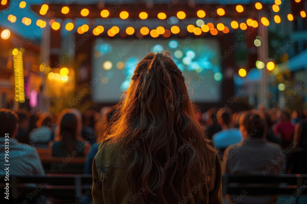 people watching outdoor cinema, big screen show. view from behind. ai generated people watching outdoor cinema, big screen show. view from behind. ai generated