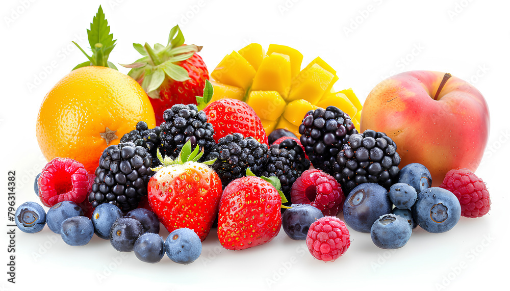Group of juicy fruits and berries on white background