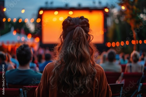 people watching outdoor cinema, big screen show. view from behind. ai generated