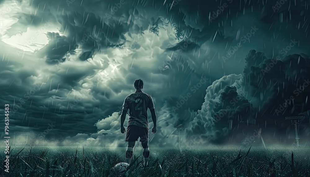 Obraz premium Football player dark cloudy background. The imaginary stadium is modelled and rendered