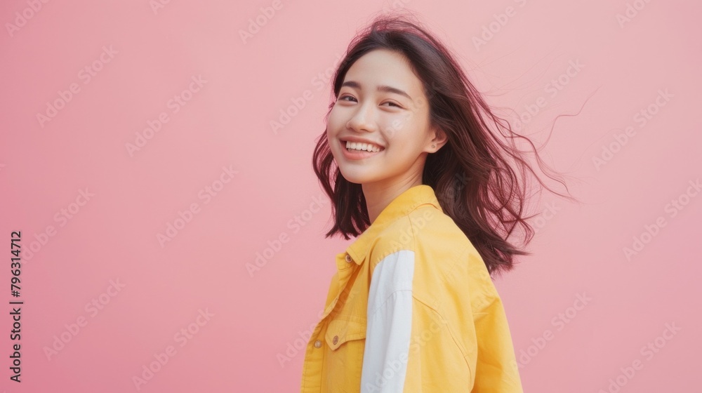 A woman in a yellow jacket is smiling and looking at the camera A woman in a yellow jacket is smiling and looking at the camera