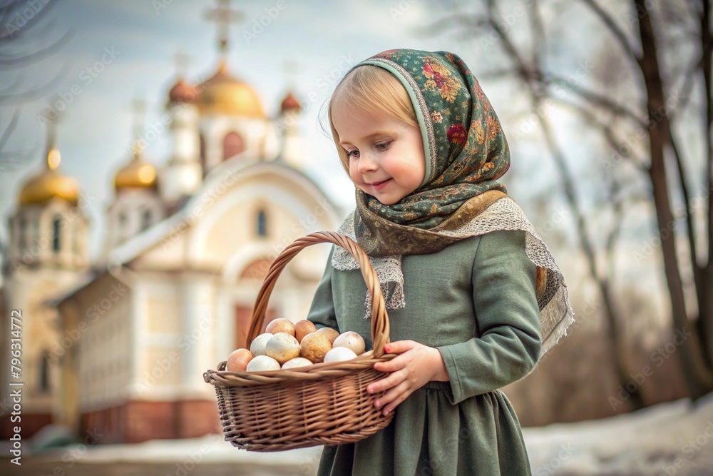 Happy bright Easter. Christianity. Portrait of a three-year-old girl in a Russian folk dress and shawl with a wicker basket with Easter eggs in her hands against the background of an Orthodox church. Happy bright Easter. Christianity. Portrait of a three-year-old girl in a Russian folk dress and shawl with a wicker basket with Easter eggs in her hands against the background of an Orthodox church.