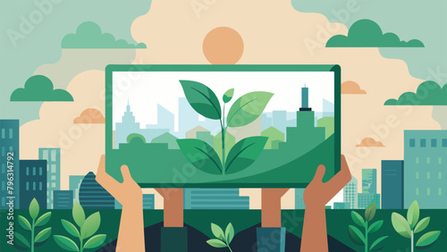 A billboard displaying a pair of hands holding up a sign that reads Grow green save the planet. The background shows a bustling city but the