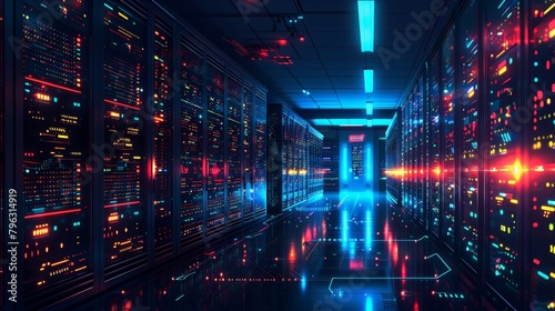 Internet Infrastructure  A vector illustration of a server room filled with blinking lights and network equipment