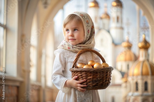 Happy bright Easter. Christianity. Portrait of a three-year-old girl in a Russian folk dress and shawl with a wicker basket with Easter eggs in her hands against the background of an Orthodox church.