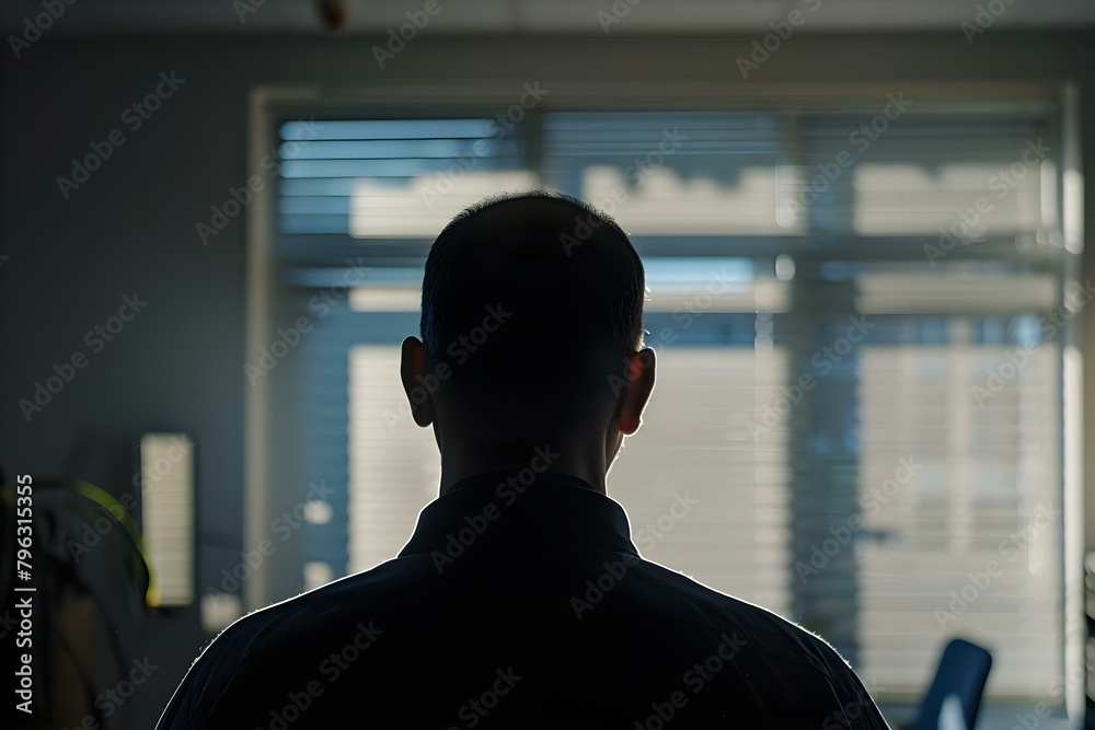 Man in shadow gazes into bright office evoking contemplation or decisionmaking. Concept Portrait Photography, Office Setting, Light and Shadow, Contemplation, Decision Making Man in shadow gazes into bright office evoking contemplation or decisionmaking. Concept Portrait Photography, Office Setting, Light and Shadow, Contemplation, Decision Making