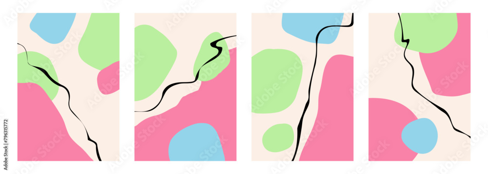 Set of abstract backgrounds with various color hand drawn dynamic shapes and black curved lines for creative graphic design. Vector illustration.