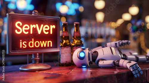 Server is down sign, drunk broken robot sleeps on bar counter. 500 Internal Server Error message for a website concept. SEO and Backend terms photo
