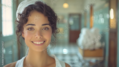 a smiling Brazilian brunette woman, 30 years old, with curly black hair, wearing a maid's uniform from a small hotel, generative ai