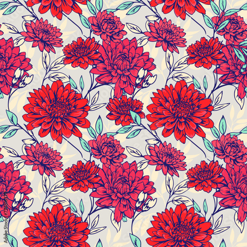 Blooming red large flowers and branches leaves seamless pattern. Vector hand drawing. Abstract artistic chrysanthemum dahlia peonies printing. Template for designs, textile, fashion, print,