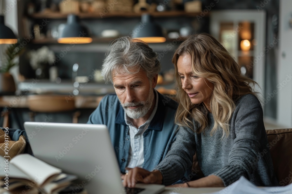 Two focused adults are looking at a laptop screen, possibly working or learning in a cozy home environment Two focused adults are looking at a laptop screen, possibly working or learning in a cozy home environment