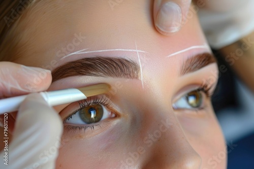 A woman having her eyebrows groomed with a brush. Suitable for beauty and makeup concepts