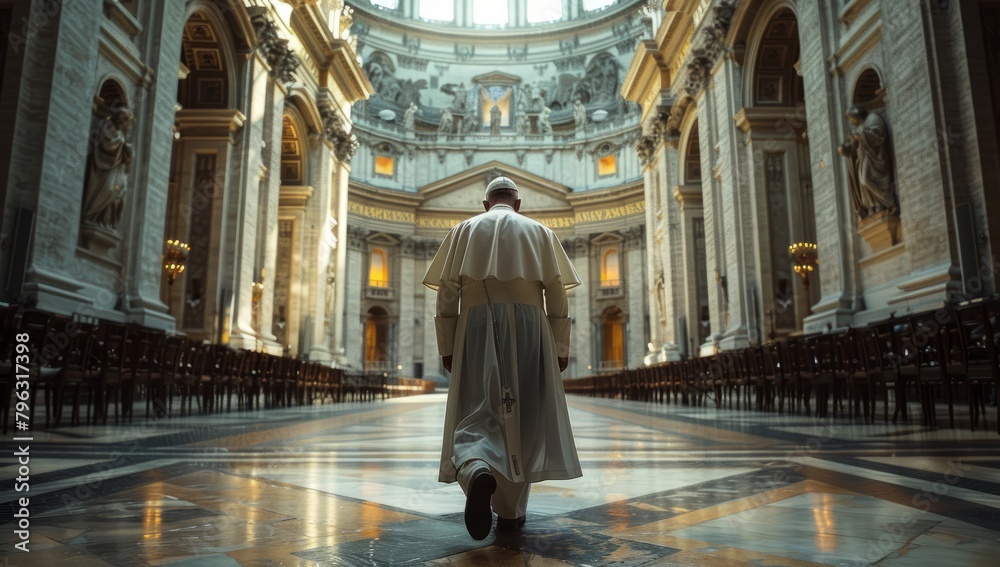 Religious leader pope in chapel praying cathedral catholic church.