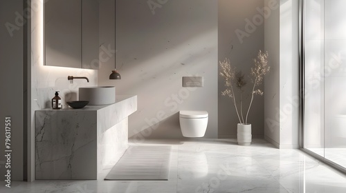Minimalist Bathroom with Integrated Sink Hidden Tank Toilet and Recessed Shower in Muted Grey Tones