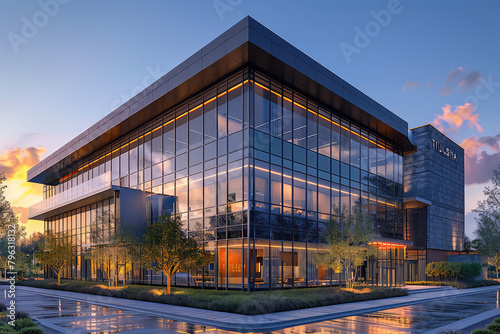 Modern office building exterior design, large glass curtain wall, steel structure frame, warm light inside the window. Created with Ai