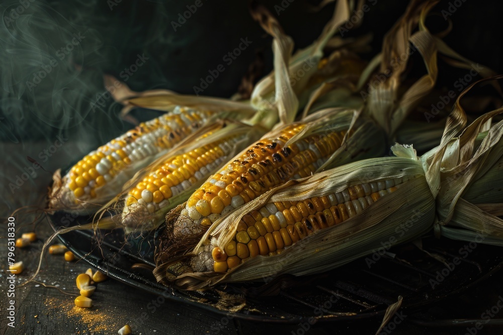 Fresh corn on the cob grilling with smoke rising, perfect for summer BBQs Fresh corn on the cob grilling with smoke rising, perfect for summer BBQs