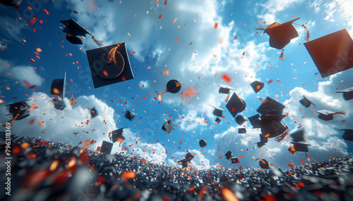 graduation hats and tassles being thrown in the air ultra realistic generative ai