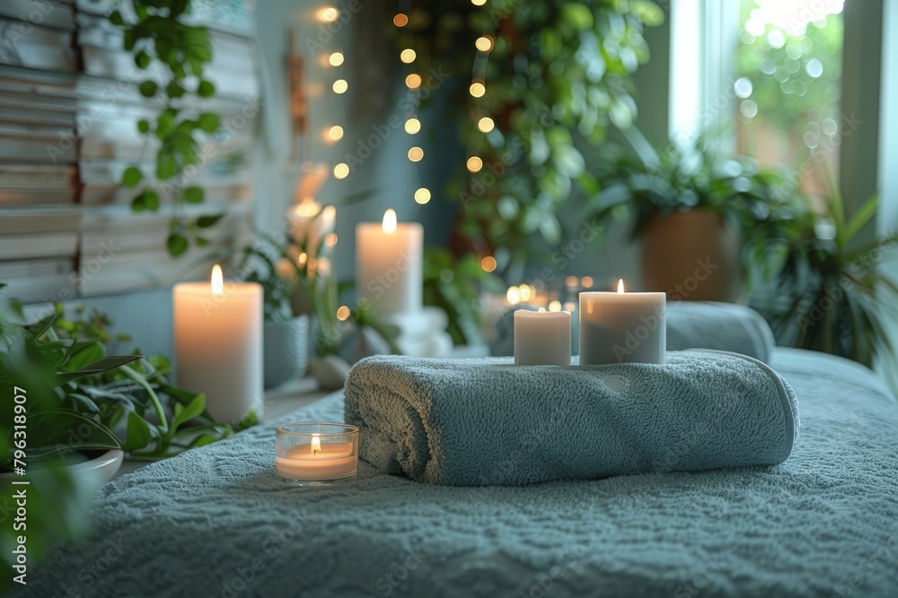 Elegant spa setting with massage bed, candles, and a relaxing environment