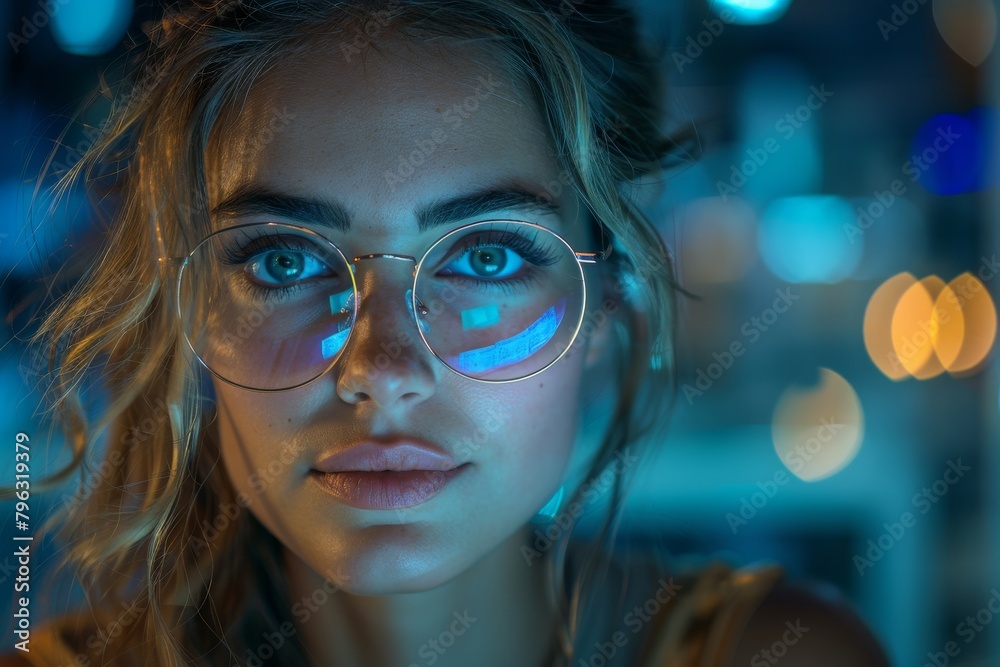 A portrait of a young woman with blue-tinted glasses, thoughtful expression, amidst an early evening atmosphere A portrait of a young woman with blue-tinted glasses, thoughtful expression, amidst an early evening atmosphere