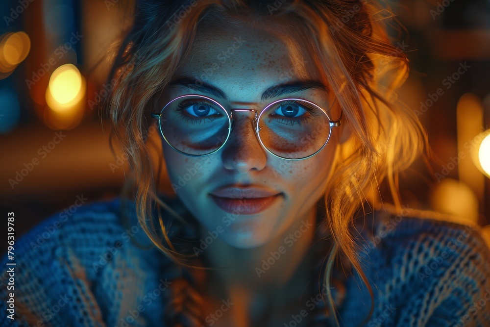 Attractive blonde woman with glasses, featuring blue neon lighting and bokeh effect Attractive blonde woman with glasses, featuring blue neon lighting and bokeh effect