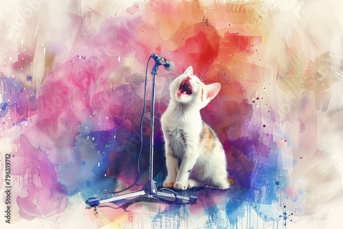 A cat sitting on a table next to a microphone. Suitable for music or pet related projects photo