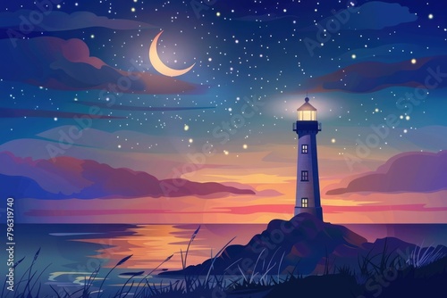 A picturesque lighthouse on a hill with the moon shining in the sky. Ideal for travel and nature themes photo