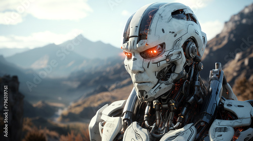  robot  cyborg android in the mountains future alien astronaut