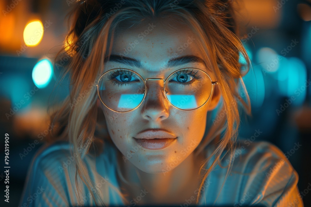 A woman's face up-close with glasses that reflect neon light, highlighting her features A woman's face up-close with glasses that reflect neon light, highlighting her features